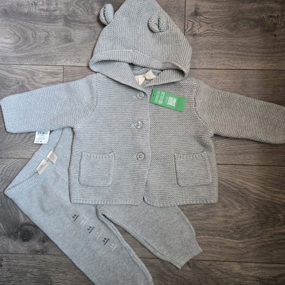 Baby Gap 3-6 Months Garter Knit Bear Ear Hoodie Cardigan Sweater Pants Set Gray